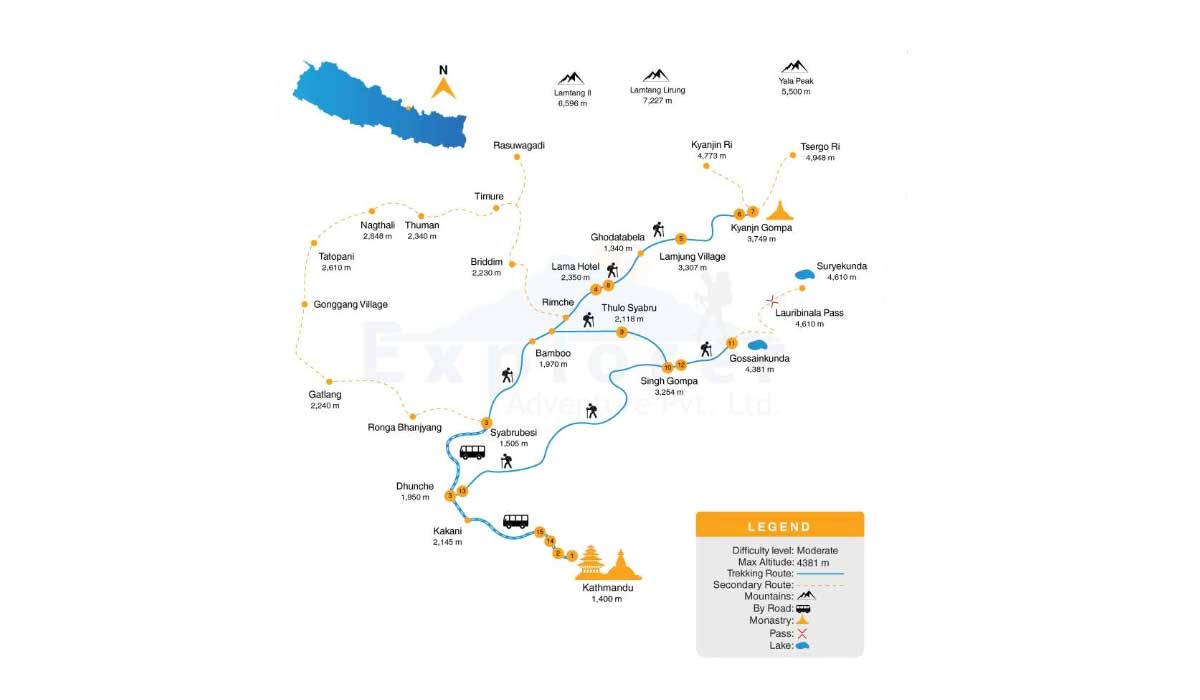 Tour Map of HIKING LANGTANG VIA GOSAIKUNDA